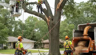 Emergency tree service crew in Worcester, MA removing a storm-damaged tree safely