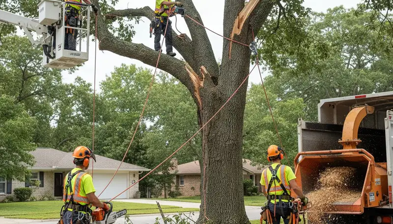 Emergency tree service crew in Worcester, MA removing a storm-damaged tree safely