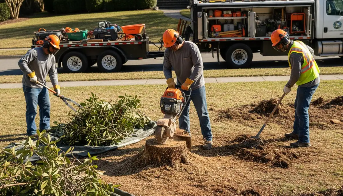 Arbor Tree Care removing overgrown shrubs in Worcester, MA for a cleaner property landscape