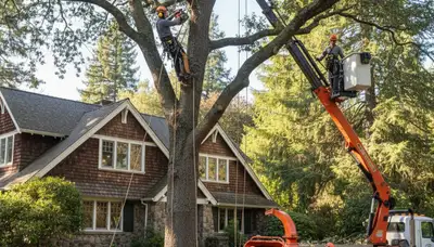 Tree service crew removing a tree in Worcester, MA for safe residential property clearance