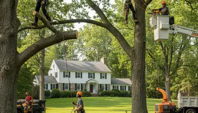 Tree removal crew with equipment serving Worcester, MA by TreeRemovalWorcesterMA.com