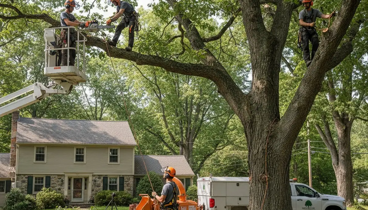 Tree service crew in Worcester, MA removing a tree for safe property protection