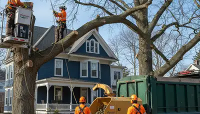 Tree service crew removing a tree in Worcester, MA for safe residential tree removal