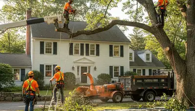 Professional tree removal service crew in Worcester, MA handling tree care equipment