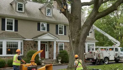 Tree service crew in Worcester, MA removing a tree for safe property protection