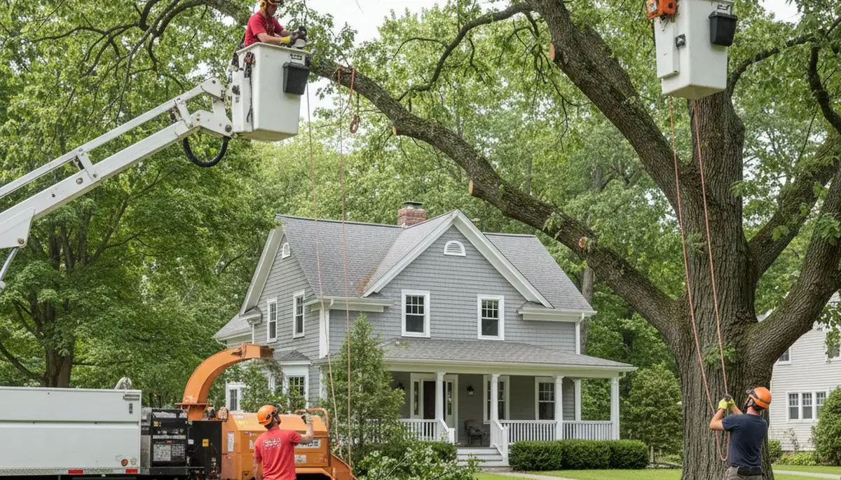 Worcester, MA tree service crew removing a tree for safe residential property clearance
