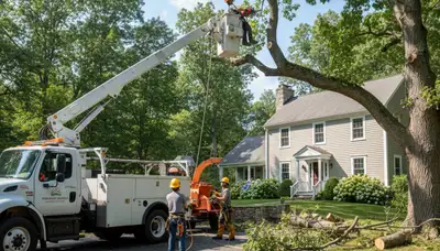 Worcester MA tree service crew removing a tree for safe residential property care