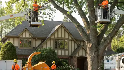 Professional tree service crew in Worcester, MA removing a tree with safety equipment