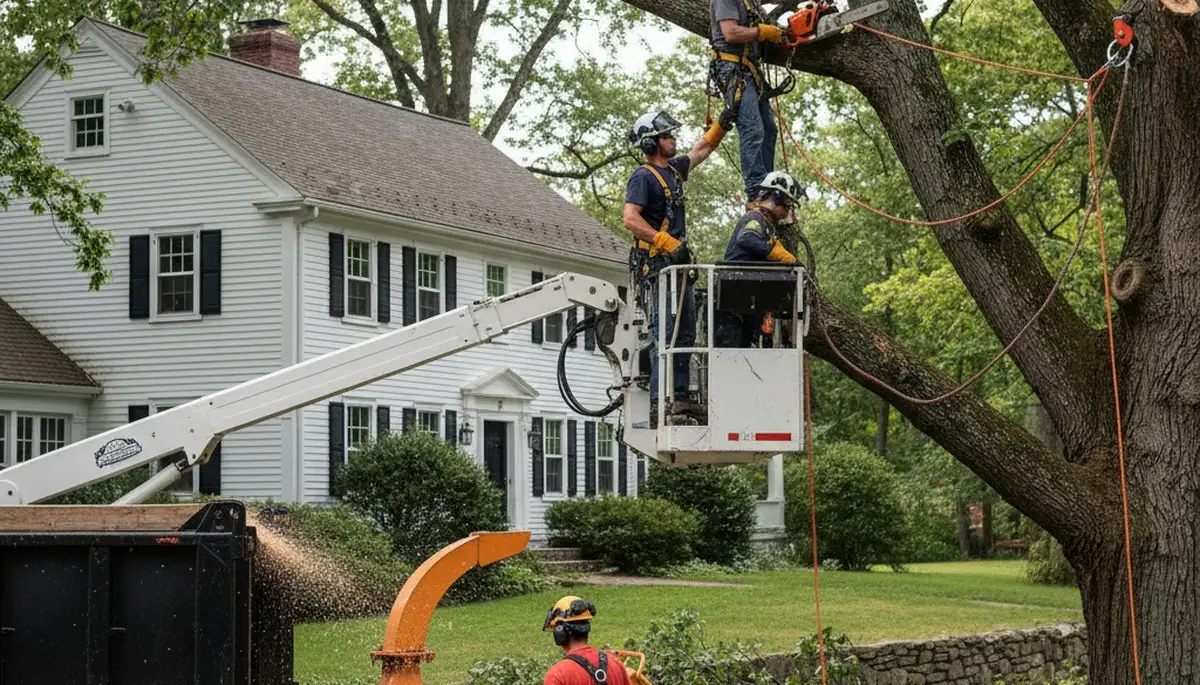 Tree service crew in Worcester, MA removing a tree for safe, professional residential care