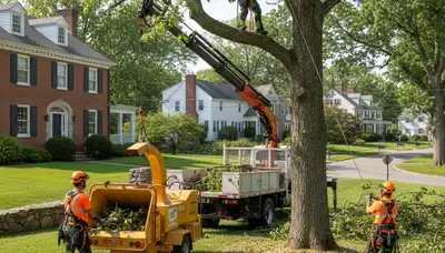 Tree service crew in Worcester, MA removing a tree for safe residential property maintenance