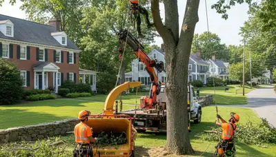 Tree service crew removing a tree in Worcester, MA for safe property clearance
