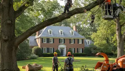 Tree service crew in Worcester, MA removing a tree for safe residential property cleanup