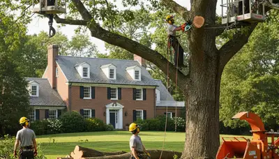 Worcester, MA tree service crew removing a tree for a residential property