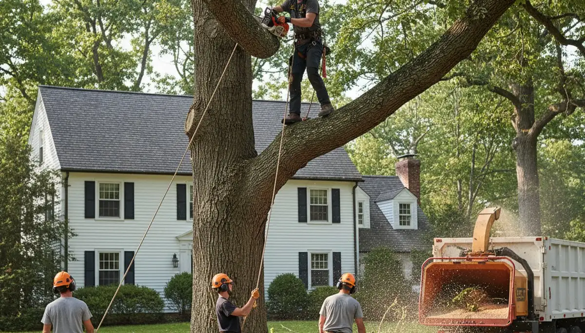 Worcester, MA tree service crew providing professional tree removal and trimming on a residential property