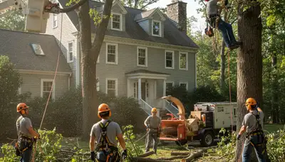Tree service crew removing a tree in Worcester, MA for safe residential property cleanup