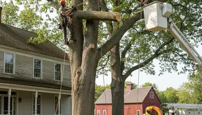 Tree service crew in Worcester, MA handling professional tree removal and trimming equipment