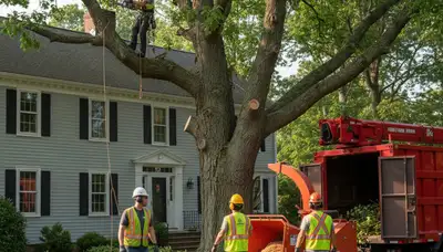 Tree service crew trimming a tree in Worcester, MA for safe residential removal