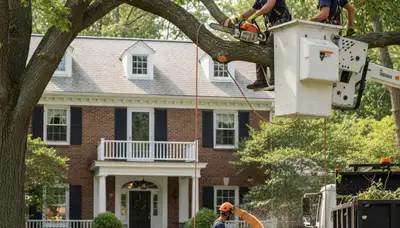 Tree service crew in Worcester, MA removing a hazardous tree for safe property protection